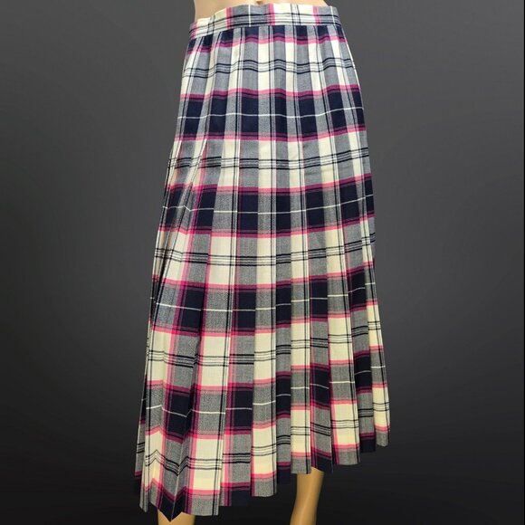 Al Jean Dresses & Skirts - Vintage 80s Long Wool Pleated Plaid Tartan Skirt Size S Blue Pink White